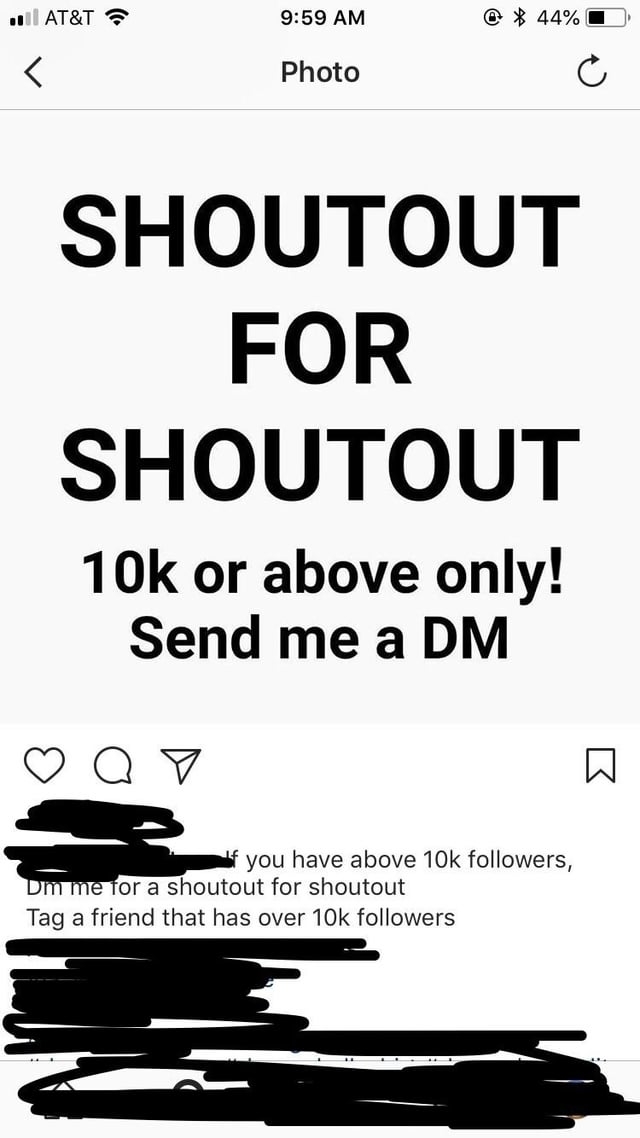 Text on social media screenshot promoting &quot;Shoutout for Shoutout&quot; for accounts with 10k+ followers, including a request for DMs