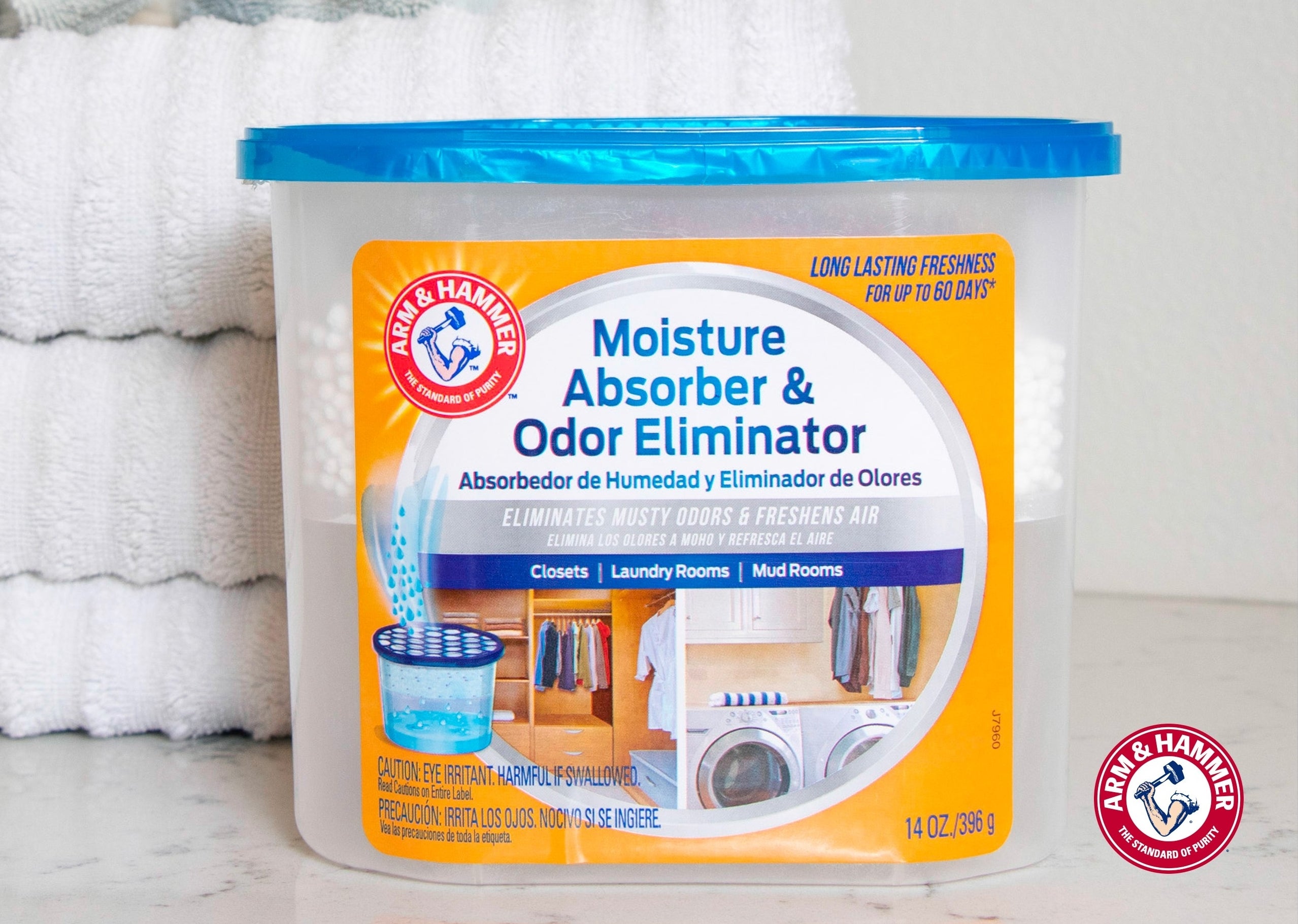 Product image of a moisture absorber and odor eliminator container for use in closets and small rooms