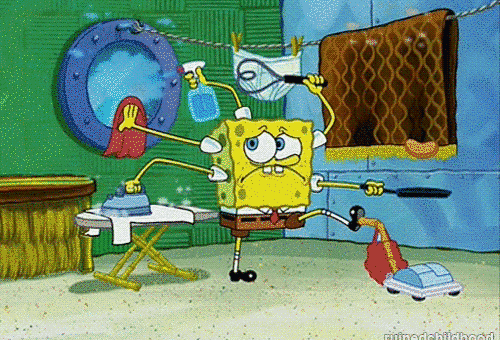 Animated character SpongeBob SquarePants uses multiple arms to multitask with household chores