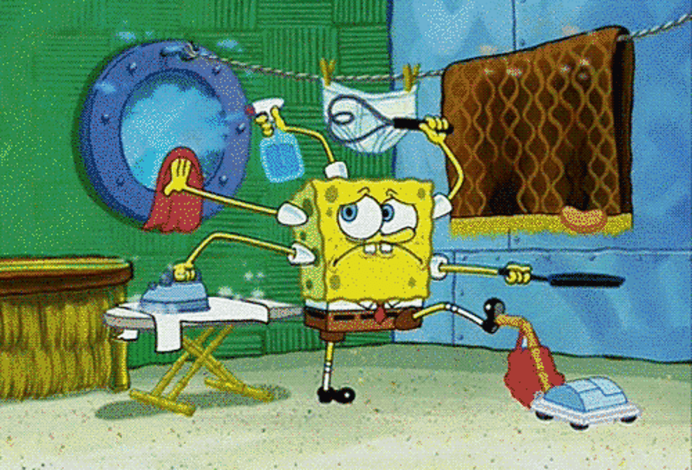 Animated character SpongeBob SquarePants uses multiple arms to multitask with household chores