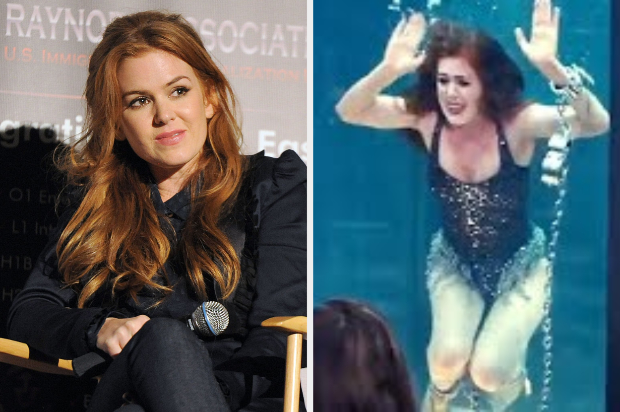 Two images side-by-side; left: Woman sitting with a microphone; right: Same woman in a sparkly outfit underwater