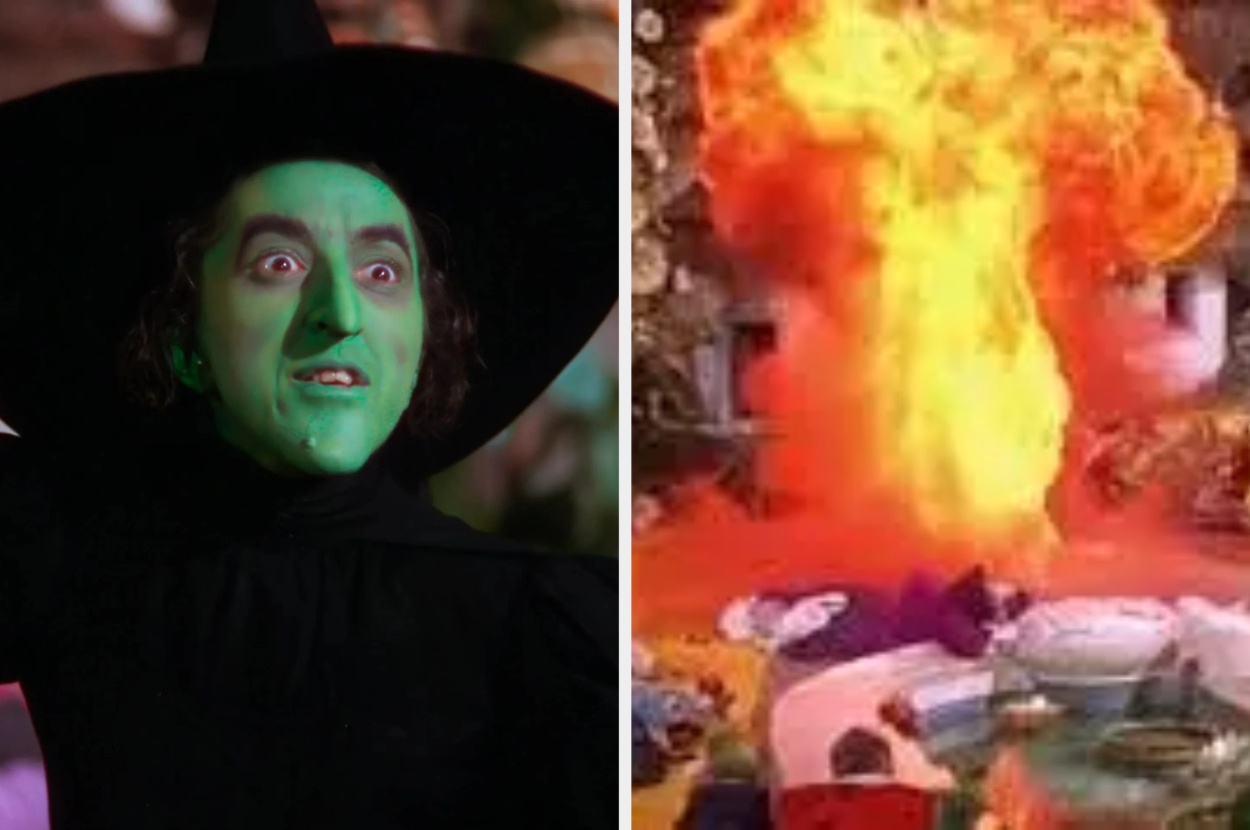 Split image: Left - Character Wicked Witch in black hat, right - House on fire