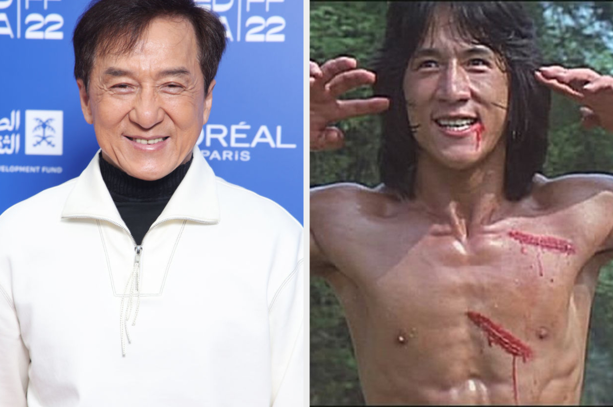 Jackie Chan in two different photos: left, smiling in a turtleneck; right, shirtless with fake injuries for a role
