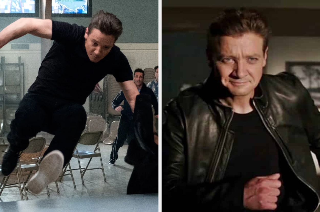 Split image showing two scenes: Left - a man jumping over chairs, Right - the same man smiling, wearing a leather jacket