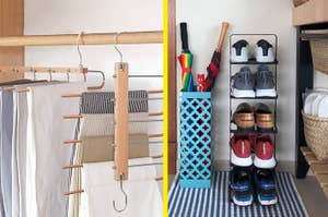 hanging pant hangers and tiered shoe storage.