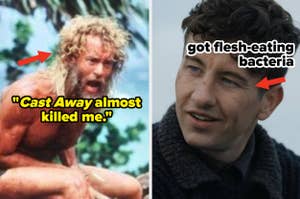 Side-by-side photos of Tom Hanks in Cast Away and recent photo with quote about a health scare