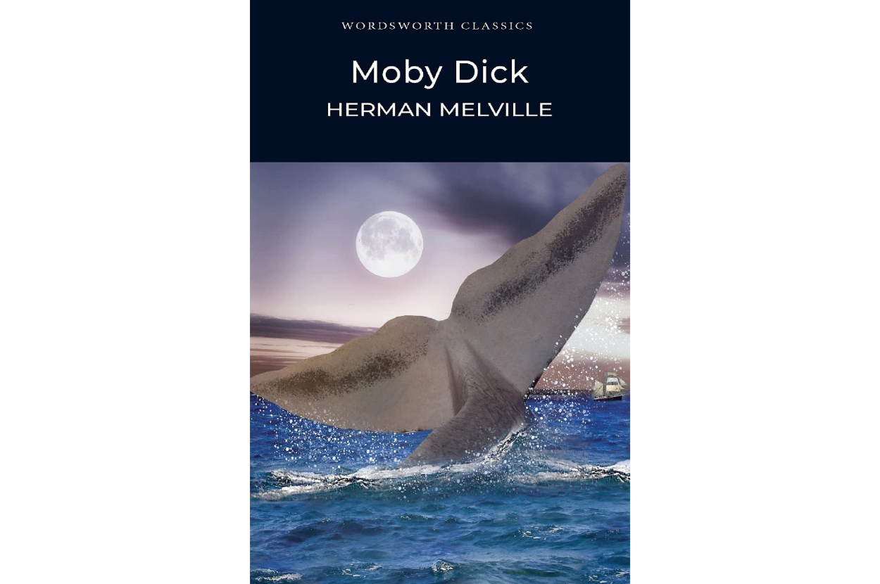 Cover of &quot;Moby Dick&quot; by Herman Melville showing a whale&#x27;s tail above ocean waves with a full moon in the background