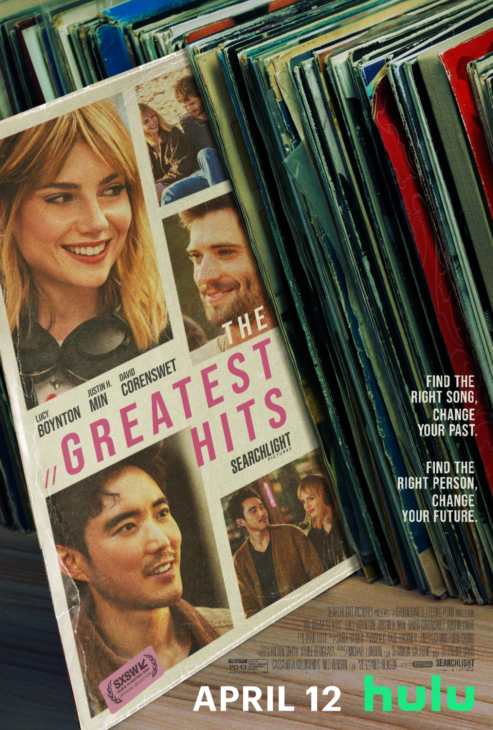 Poster for the film &quot;The Greatest Hits&quot; featuring actors Lily James, Minnie Driver, Kelvin Yu with movie tagline, release date April 12 on Hulu
