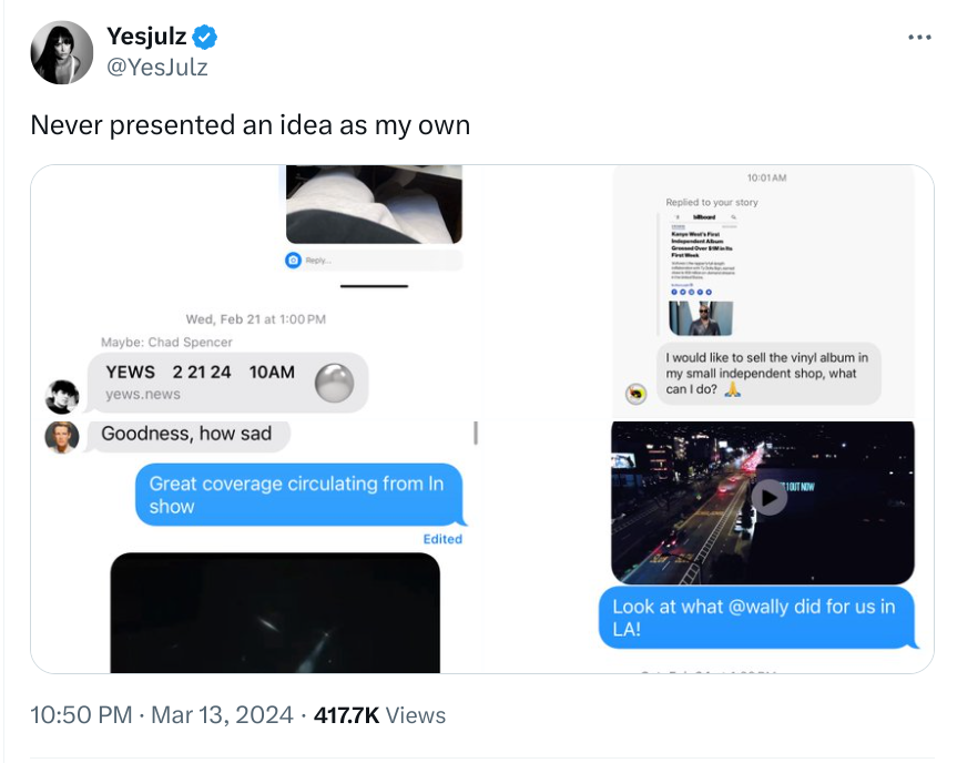 Tweet from YesJulz displaying a personal story with screenshots of a music-related conversation and a DJ&#x27;s booth setup