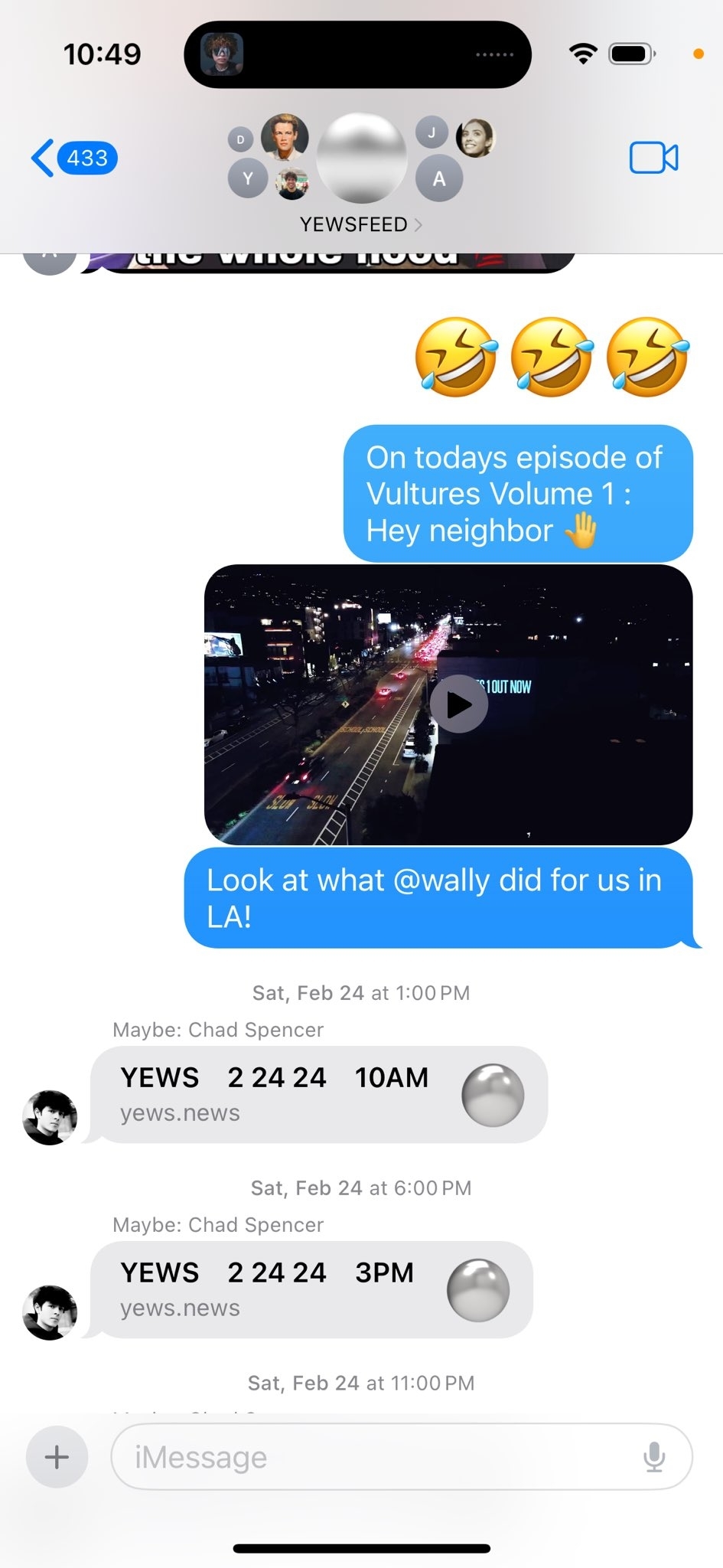 Text conversation discussing watching a TV episode with a crying-laughing and shocked emoji; includes a night city view video thumbnail