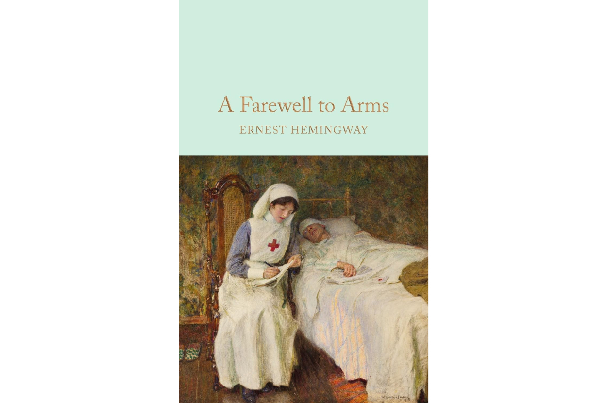 Cover of &quot;A Farewell to Arms&quot; by Ernest Hemingway, featuring a woman in a nurse&#x27;s outfit sitting beside a man in a hospital bed