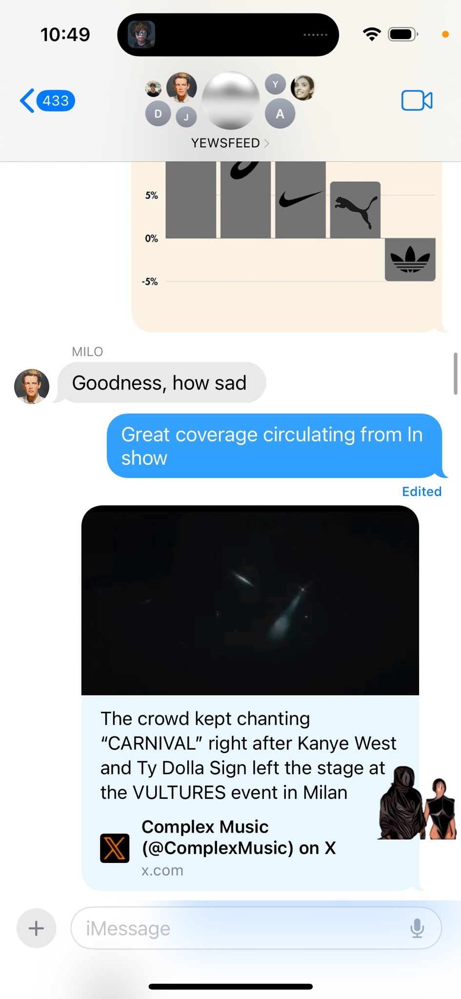 Text exchange about Kanye West and Ty Dolla $ign leaving stage at VULTURES event in Milan, with a dark performance photo attached