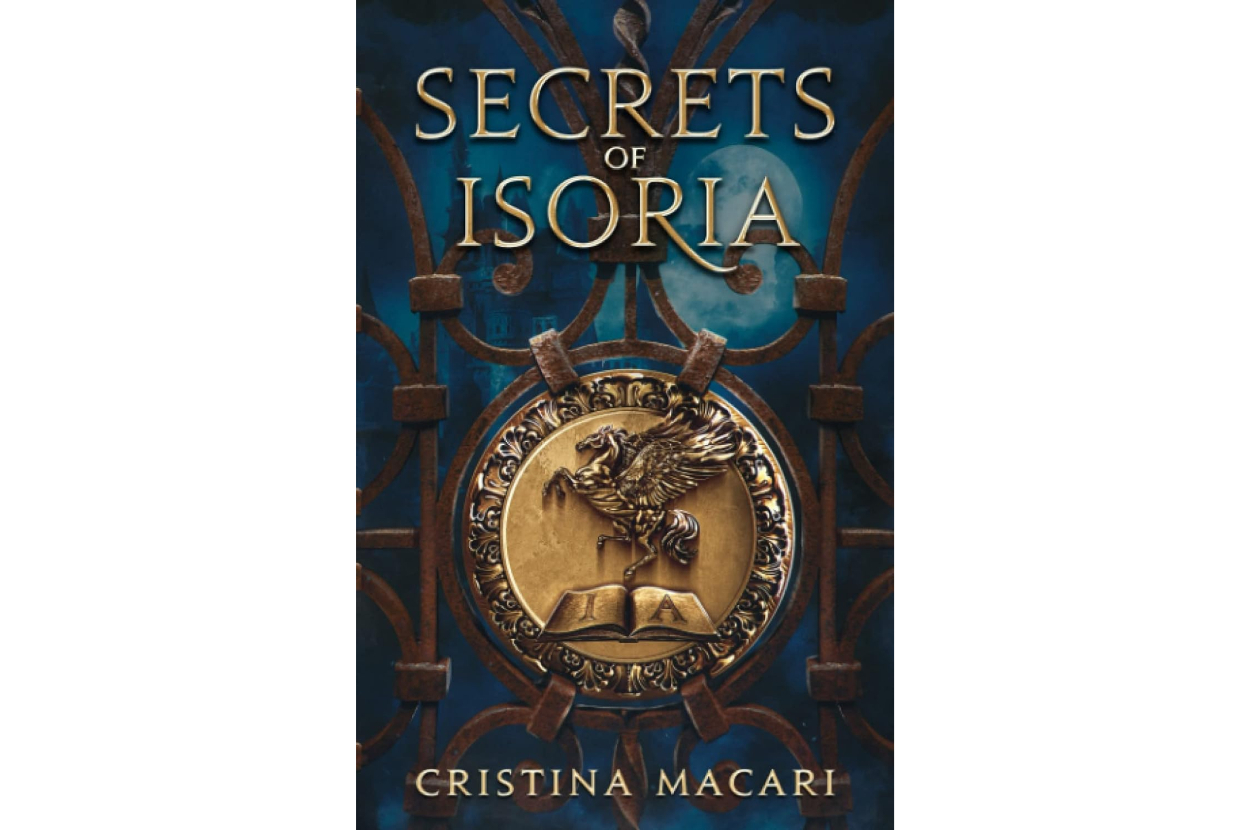 Book cover of &quot;Secrets of Isoria&quot; by Cristina Macari featuring an embossed golden seal with a rearing horse