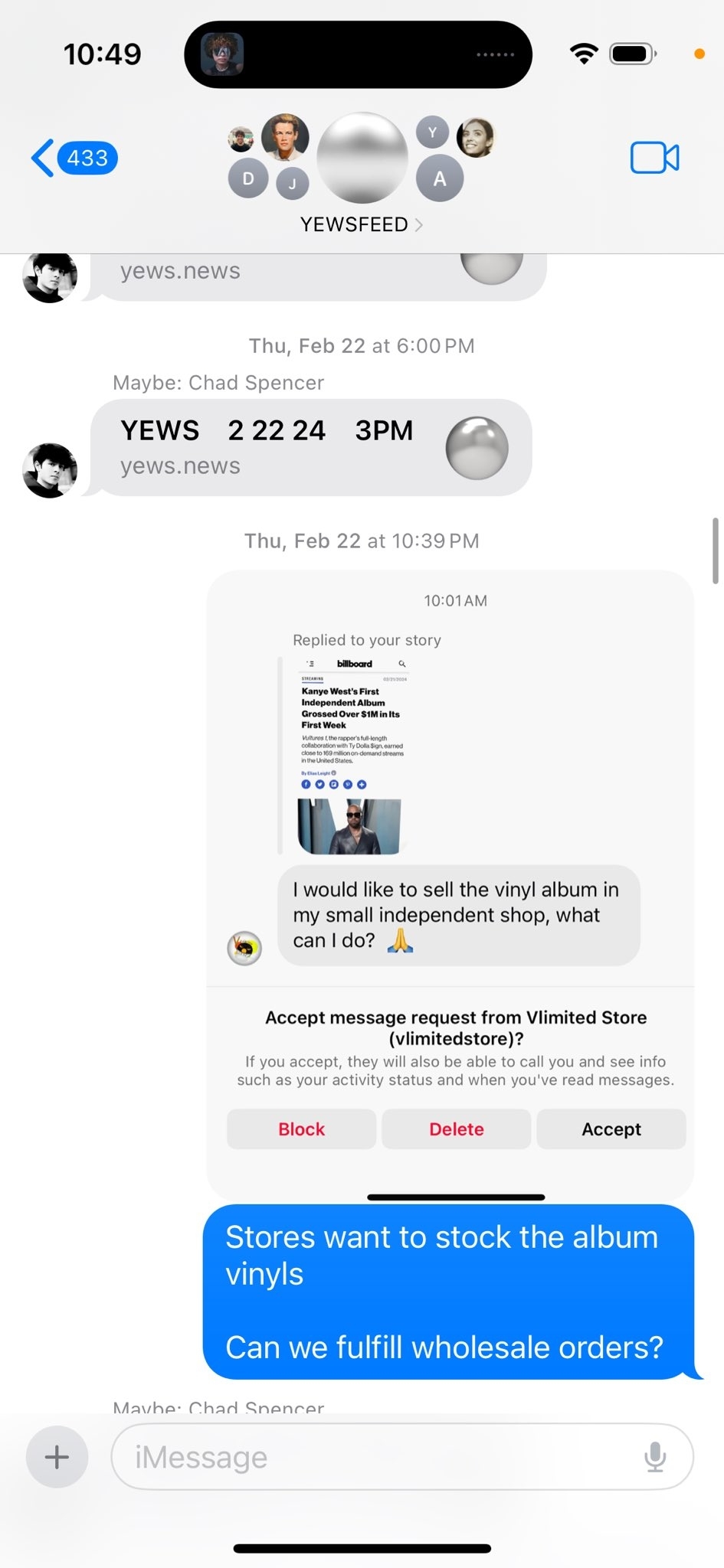 Text conversation about selling vinyl album in a music store and discussing wholesale orders