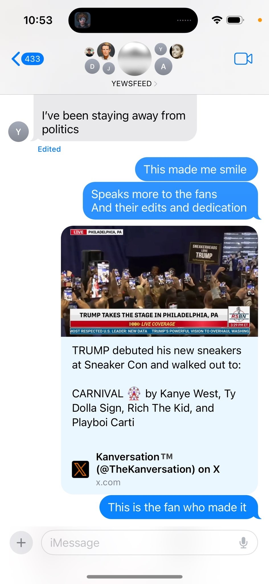 Text thread about Kanye West&#x27;s style and edits to a news photo with sneakers on a podium