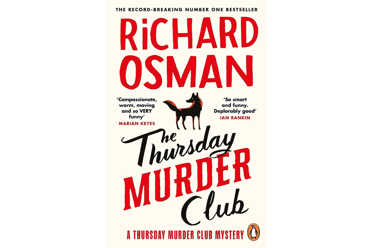 Book cover of &quot;The Thursday Murder Club&quot; by Richard Osman with critical acclaims and a silhouette of a person and dog