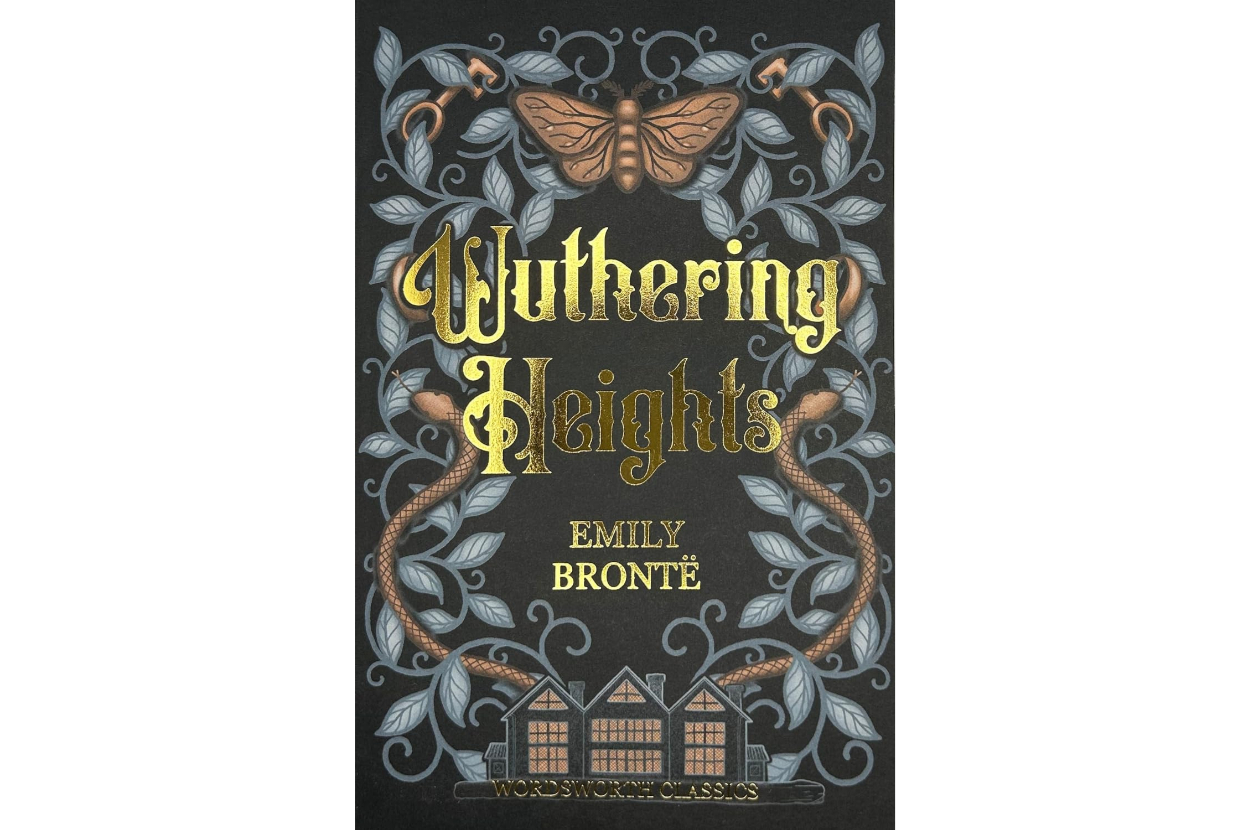 Cover of &quot;Wuthering Heights&quot; by Emily Bronte with stylized title, author&#x27;s name, and illustration of a house and trees