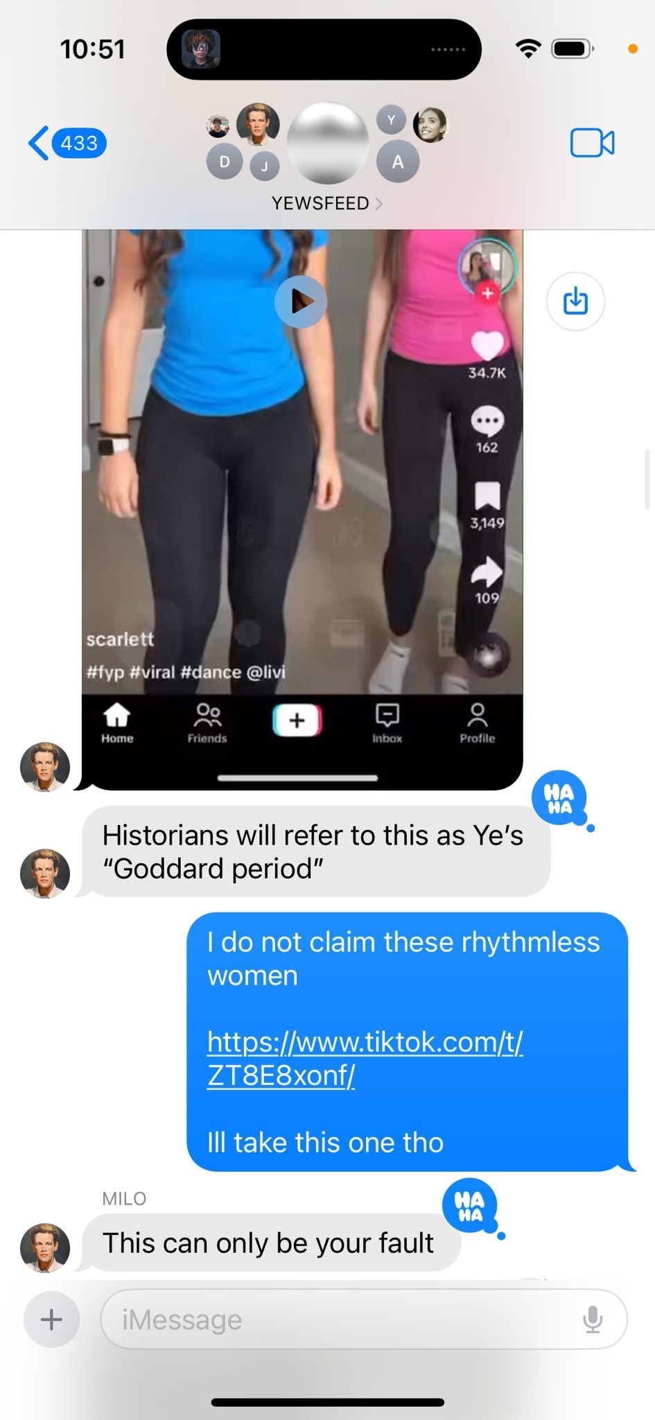 Two individuals in a TikTok video, one wearing a blue top, the other in black, posed to start a dance. Text overlay contains a humorous comment