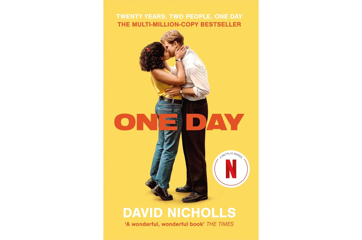 Book cover for &quot;One Day&quot; by David Nicholls featuring a man and woman embracing