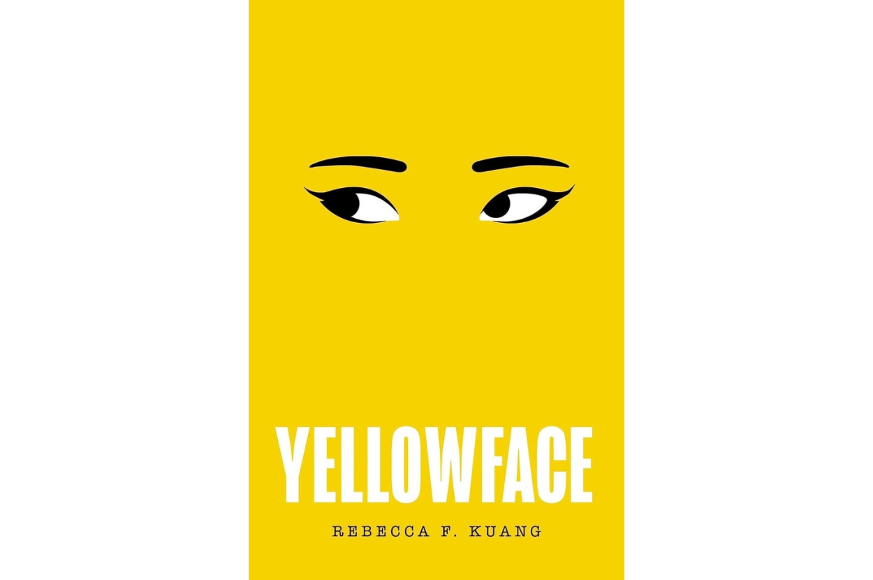 Book cover with title &quot;Yellowface&quot; by Rebecca F. Kuang, featuring graphic of stylized eyes