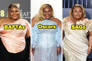 Three images of celebrity at various award shows, wearing different gowns