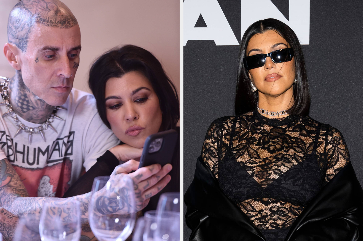 Kourtney Kardashian in a black blazer, split image with Kourtney and Travis Barker smiling close together