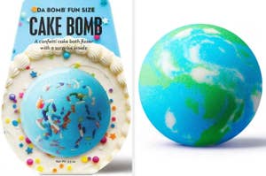 Two bath bombs from Da Bomb, one in packaging labeled Cake Bomb, the other loose with a planet-like design