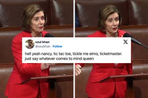 Nancy Pelosi at podium with a humorous tweet overlay referencing tic tac toe and Tickle Me Elmo