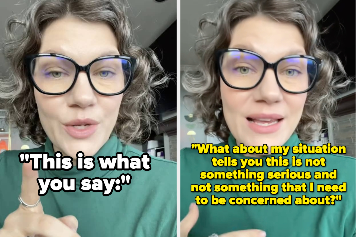 Two side-by-side selfies of Sterling speaking, with captions reflecting her advice