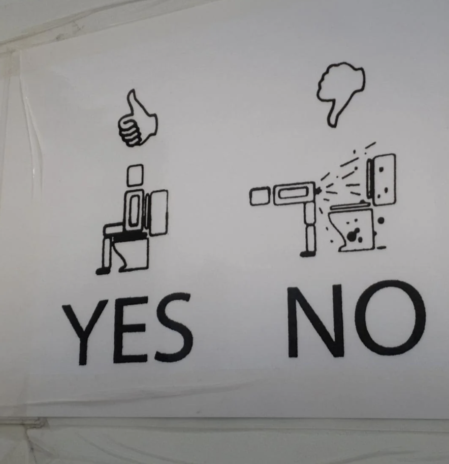 Sign with symbols indicating correct (thumbs up) and incorrect (painting over plug) electrical safety practices, with &quot;YES&quot; and &quot;NO&quot; labels