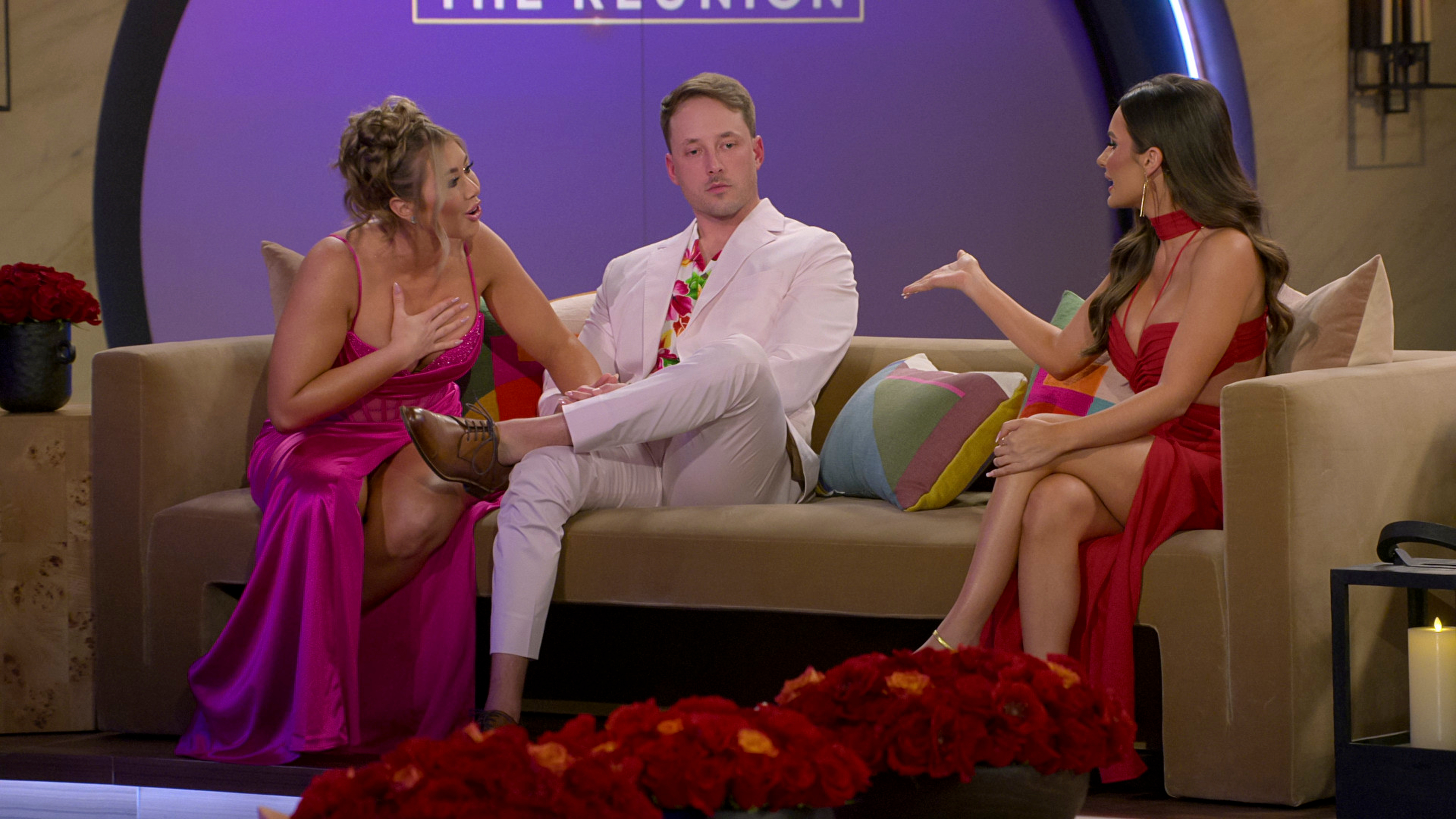 From left to right: Sarah Ann, Jeramy, and Jessica sitting on the couch during the Love is Blind season 6 reunion