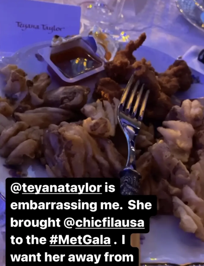 Plate with fried chicken, waffle fries, with a fork, tagged @teyanataylor and text expressing amusement