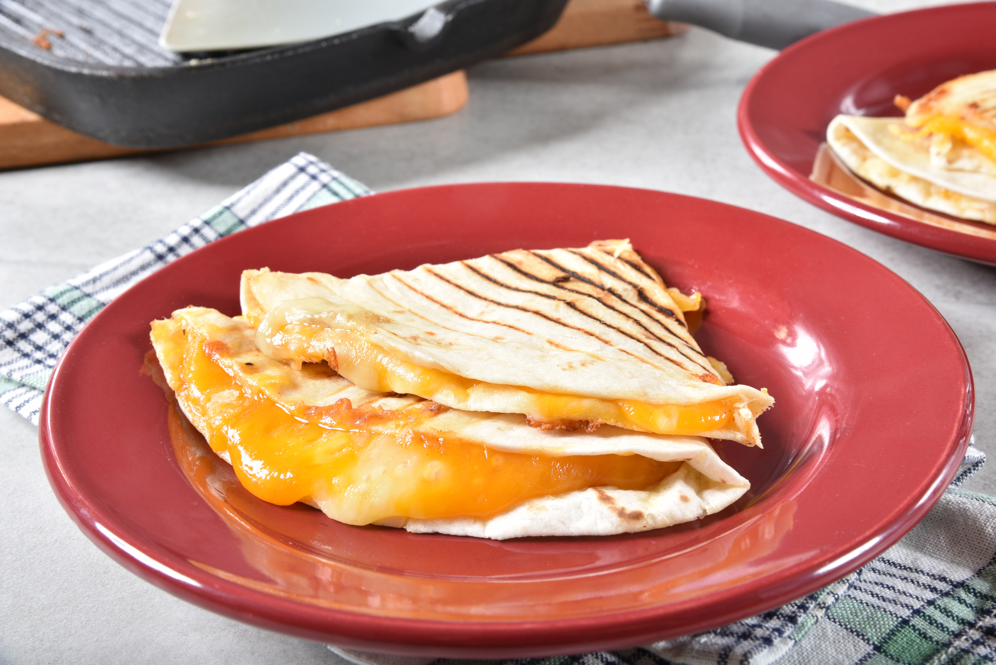 Grilled quesadilla with melted cheese on a red plate