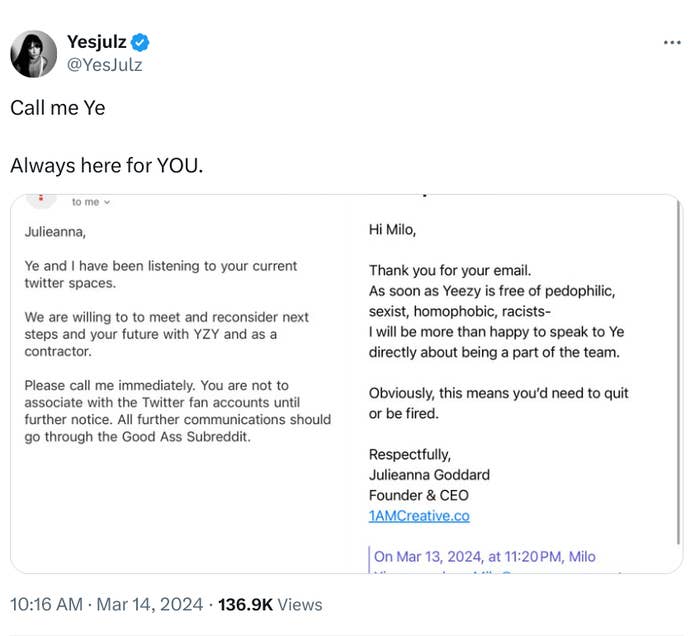 A screenshot of a tweet from YesJulz mentioning a conversation with Milo about being part of the team. A reply tweet from Milo is also visible