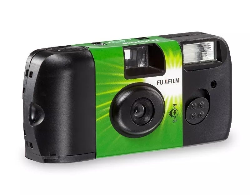 Disposable Fujifilm camera with flash, on/off switch, and viewfinder