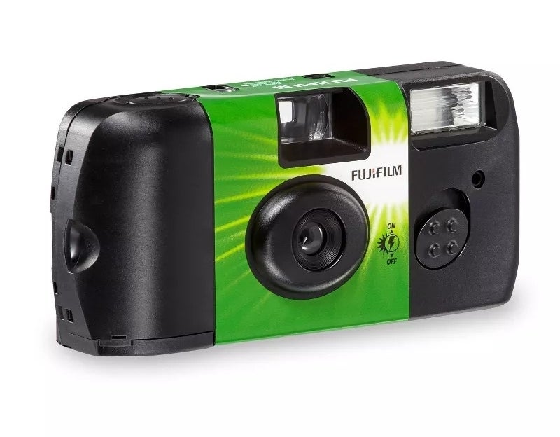 Disposable Fujifilm camera with flash, on/off switch, and viewfinder