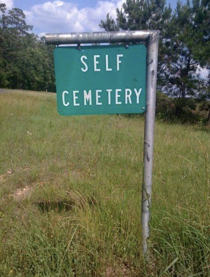 Sign reading &quot;SELF CEMETERY&quot; on a grassy field under a cloudy sky
