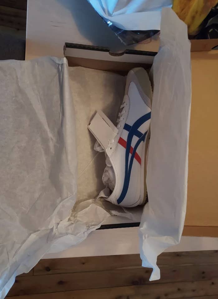 A single new white sneaker with a blue and red logo in an open box, with packaging around