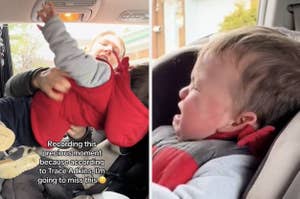 Toddler in a car seat reaching out and another shot with eyes closed, possibly singing. Text overlay about cherishing moments