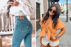 reviewer posing in denim skirt, reviewer posing in beige two piece suit, and BuzzFeed's Kayla Boyd posing in two piece set