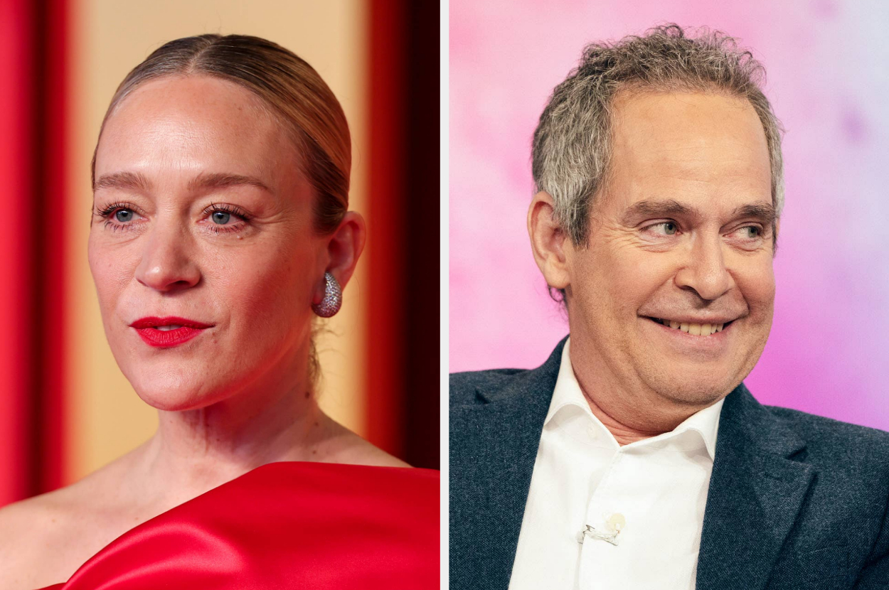 Split image: Left-side shows a woman with blonde hair and red lipstick; right-side shows a man in a beige jacket. Both are smiling