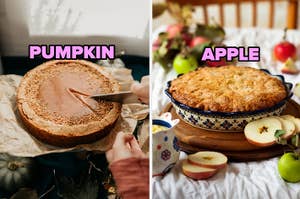 Two pies with labels "PUMPKIN" and "APPLE," person slicing pumpkin pie, apple pie surrounded by apple slices