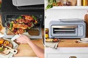 Two images of a modern kitchen toaster oven with food being cooked and served