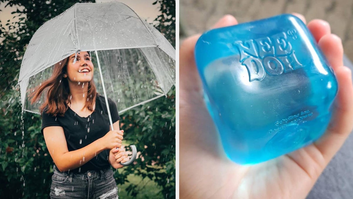 Person with clear umbrella smiling, hand holding translucent blue stress-relief toy labeled "NEE-DOH"