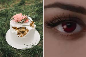 A close-up of a person's eye on the right, and a partially eaten cake with a pink rose on the left