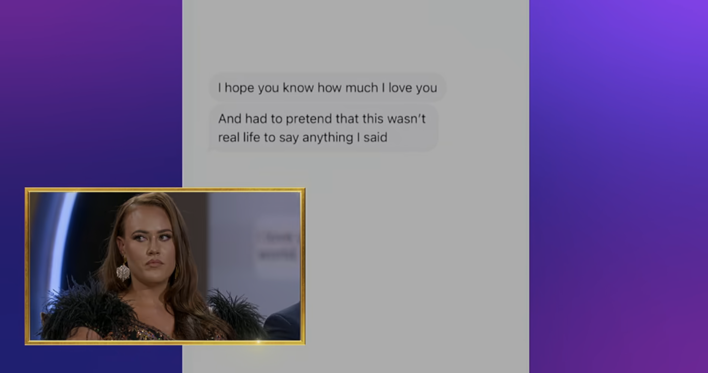 Chelsea sitting with text overlay from a video confessional, expressing affection and pretense