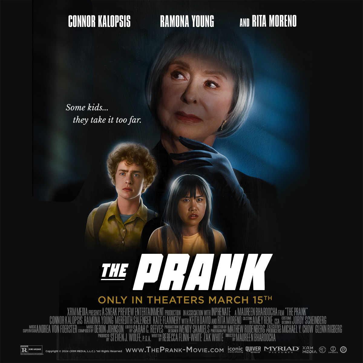 Movie poster for &quot;THE PRANK&quot; featuring actors Ramona Young and Rita Moreno with intense expressions, with two young actors looking worried below
