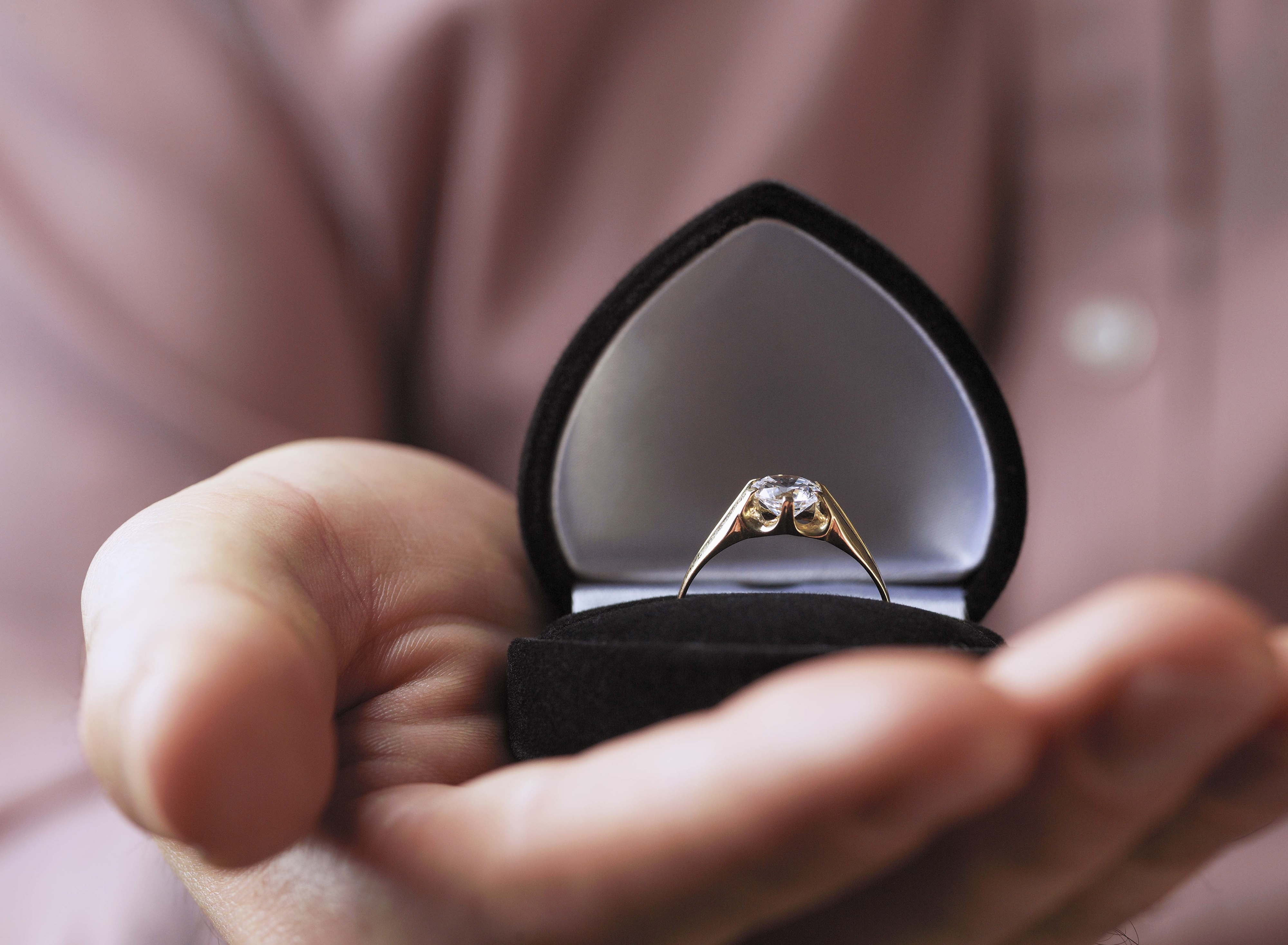 Person holding an open ring box with an engagement ring, symbolizing a marriage proposal