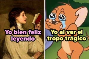 Meme de dos paneles, el izquierdo muestra una pintura de una mujer leyendo un libro placenteramente y el derecho, Bambi lloroso. Texto contrasta emociones al leer