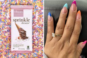 Hand with multicolored manicure holds Chuao Sprinkle Dreams chocolate bar with a confetti background